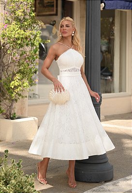 Vestido Midi de Renda Off White Anne