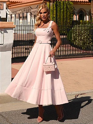 Vestido Midi Com Cinto Rosa Candy