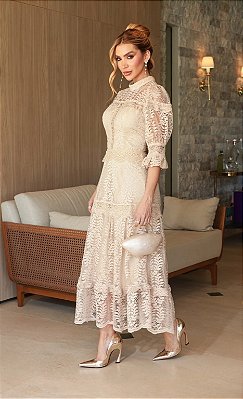 Vestido Midi em Renda com Guipir Bege Teodora