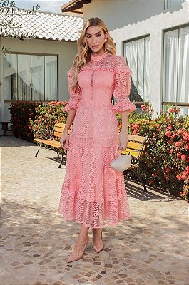 Vestido Midi em Renda com Guipir Coral Teodora
