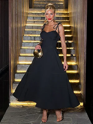 Vestido Midi de Crepe Preto Luise