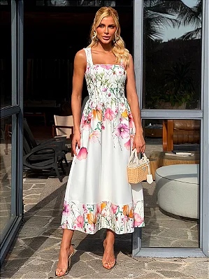 Vestido Midi de Crepe Floral Cecilia