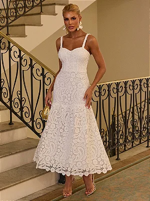 Vestido Midi Renda Off White Ariela