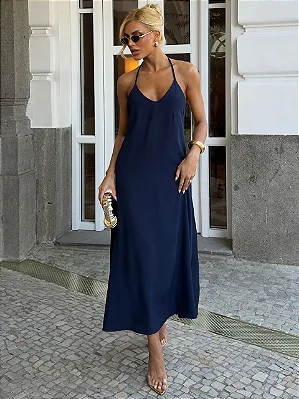 Vestido Slip Midi Azul Marinho Nicole