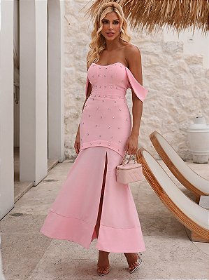 Vestido Midi Rosa em Crepe com Pedrarias Brenda