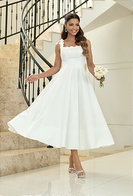 Vestido Midi Branco em Crepe com Aplicações Flores Fiorella