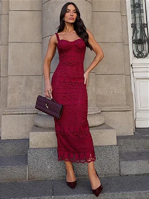 Vestido Midi em Renda Guipir Marsala Maju
