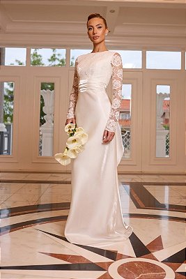 Vestido de Noiva Longo Off White com Busto em Renda e Saia Zibeline Jasmim