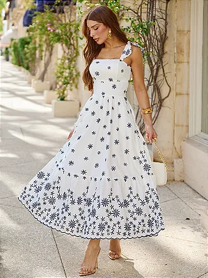 Vestido Mídi Bordado Off-White com Azul-Marinho Jasmine