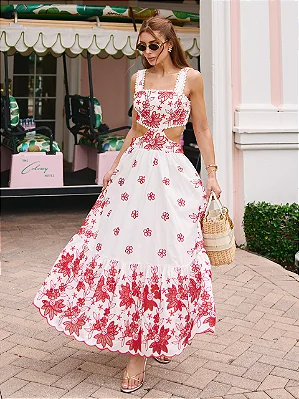 Vestido Mídi Off-White com Vermelho e Recorte Cut Out Diane