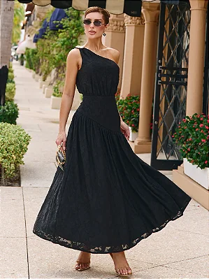 Vestido Mídi em Malha Texturizada Rendada Preta de Um Ombro Só Peny