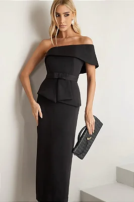 Vestido Mídi em Crepe Alfaiataria Preto Assimétrico de Um Ombro Só com Peplum