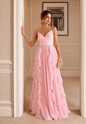 Vestido Longo Rosa Plissado em Chiffon com Babados Jasmim