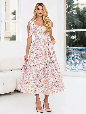 Vestido Mid em Laise Estampado com Alças de Laço Tamara