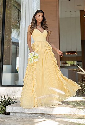 Vestido Longo Amarelo Plissado em Chiffon com Babados Jasmim