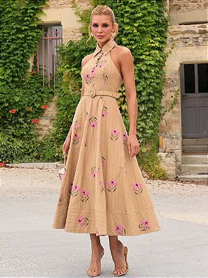 Vestido Midi Bege Listrado com Cinto | Elisa