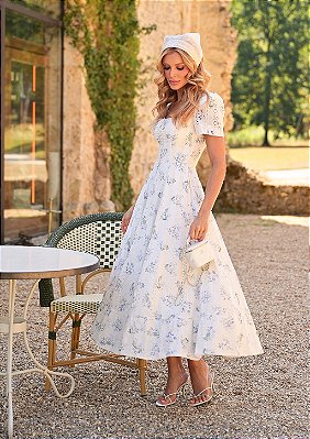 Vestido Midi Isadora Off-White e Azul Bordado | Isadora