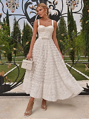 Vestido Midi Off-White em Tule com Flores 3D | Aurelie