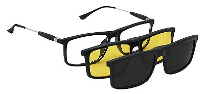 Armação Óculos Clipon Masculino De Grau e Sol 2 em 1 Quadrada Preto Tx 2290