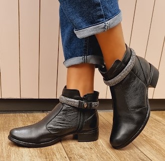 BOTA EM COURO CONFORTO 914064 PRETO / PEDRAS ONIX / 2 EM 1
