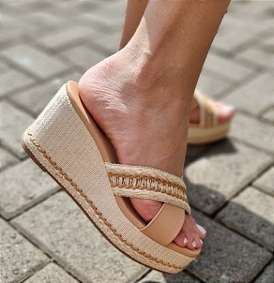 TAMANCO ANABELA 31515 NUDE CAPUCCINO / SALTO COM FORRAÇÃO TECIDO  NUDE