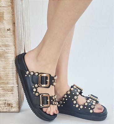 SANDÁLIA BIRKEN 401261 PRETA / PINS DOURADOS