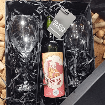 Box Presente Vinho Tinto Romeu e Julieta Pinot Noir 750ml com 2 Taças Prestigie 500ml