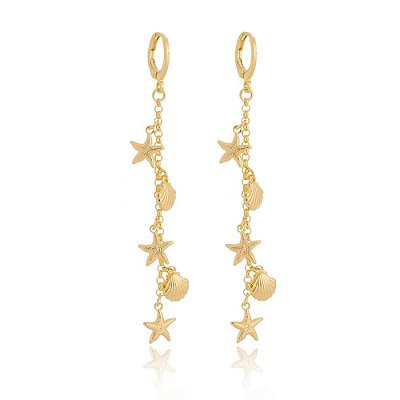 Brinco mini conchas e estrela do mar folheado a ouro 18k