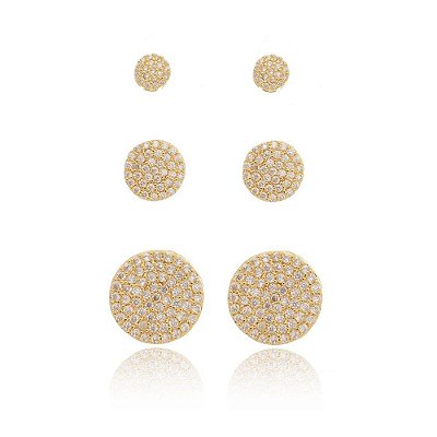 Kit de brincos em formato redondo cravejado de zircônia folheado a ouro 18k