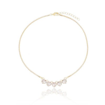 Choker com 5 corações de zircônia folheada a ouro 18k