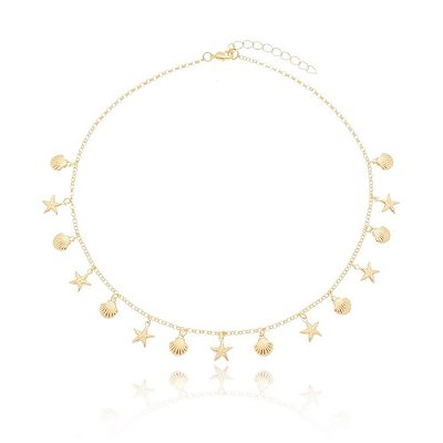 Choker mini conchas e estrela do mar folheada a ouro 18k