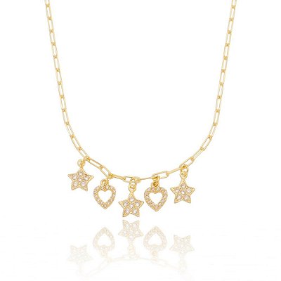 Choker estrelas e corações com zircônias folheada a ouro 18k