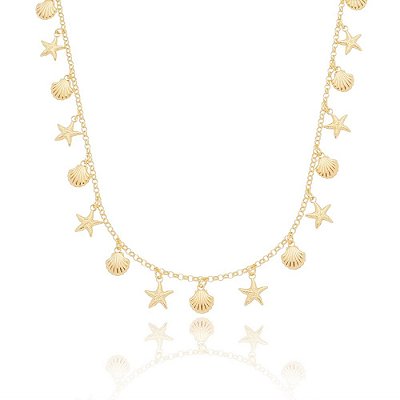 Colar conchas e estrela do mar folheado a ouro 18k