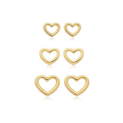 Kit de brincos coração vazado folheado a ouro 18k