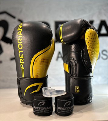 CONJUNTO LUVA BOXE/MUAY THAI FIRST FX1 UNIS PRETO/AMARELO  PRETORIAN 14OZ