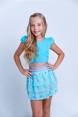 Conjunto shorts saia azul tule