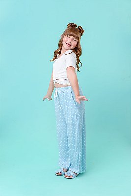 Conjunto calça pantalona poá azul e blusa canelada
