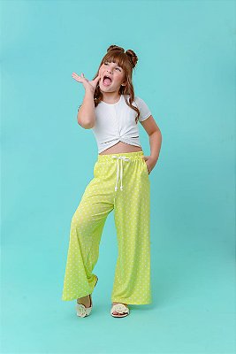 Conjunto calça pantalona poa verde neon e blusa canelada
