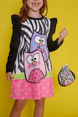 Vestido infantil menina plush manga longa coruja