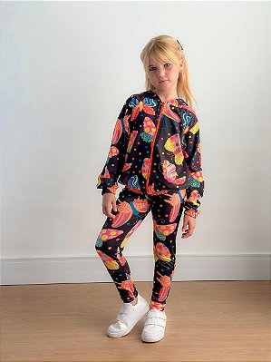 Conjunto infantil menina calça legging e jaqueta bomber borboletas
