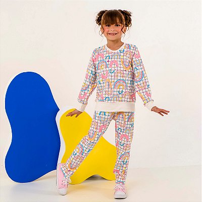 Conjunto moletinho menina calça e blusa arco iris candy