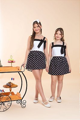 Conjunto infantil shorts saia poá preto
