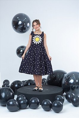Vestido midi infantil flor poá preto