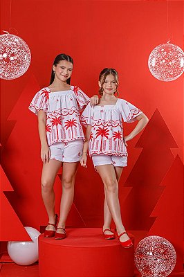 Conjunto menina shorts branco coqueiro