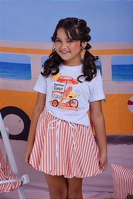 Conjunto infantil menina saia balonê listra laranja e blusa