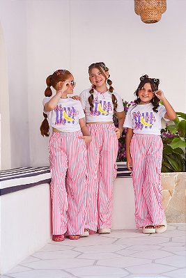 Conjunto menina calça listra rosa e t-shirt banana