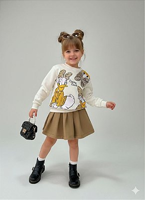 Conjunto blusa e saia moleton margarida bege