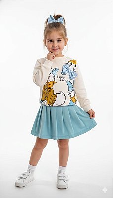 Conjunto blusa e saia moleton margarida azul