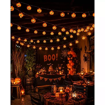 Enfeite Halloween Abobora no Varal Com Leds - 2 Metros - Varal Com 10 Aboboras LEDs Piscantes