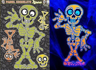 Painel Decorativo Esqueleto Neon Halloween 70cm X 50cm - 4 Peças Destacáveis em Papel Cartonagem